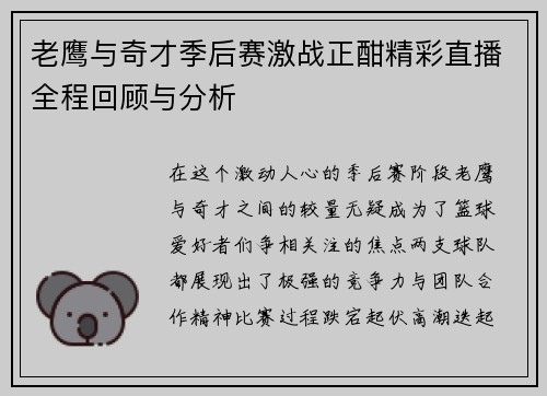 老鹰与奇才季后赛激战正酣精彩直播全程回顾与分析